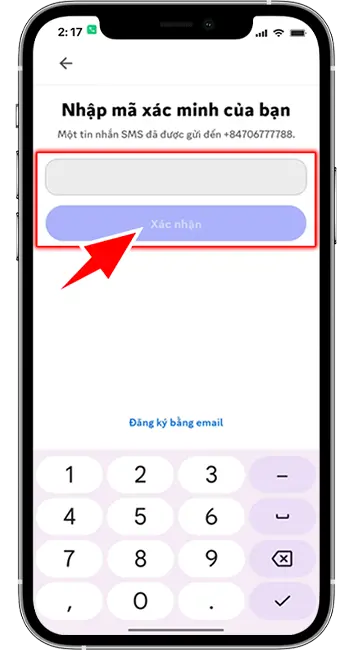 Bước 5: Nhập mã OTP gửi về SĐT hoặc Gmail bạn đăng ký để xác minh.